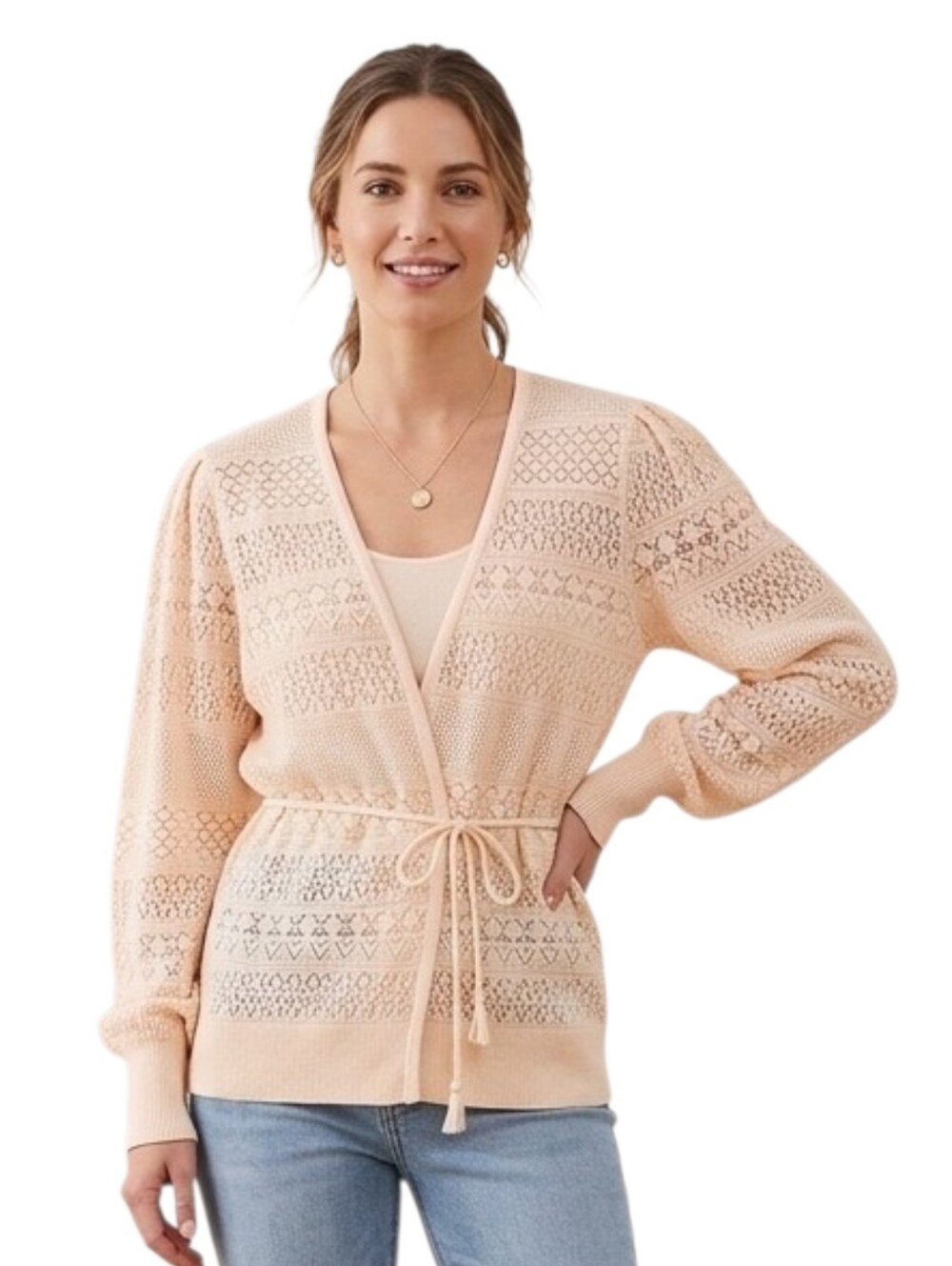 Express Pointelle Knit Belted Cardigan Sweater - Soft Blush Peach - Size Medium